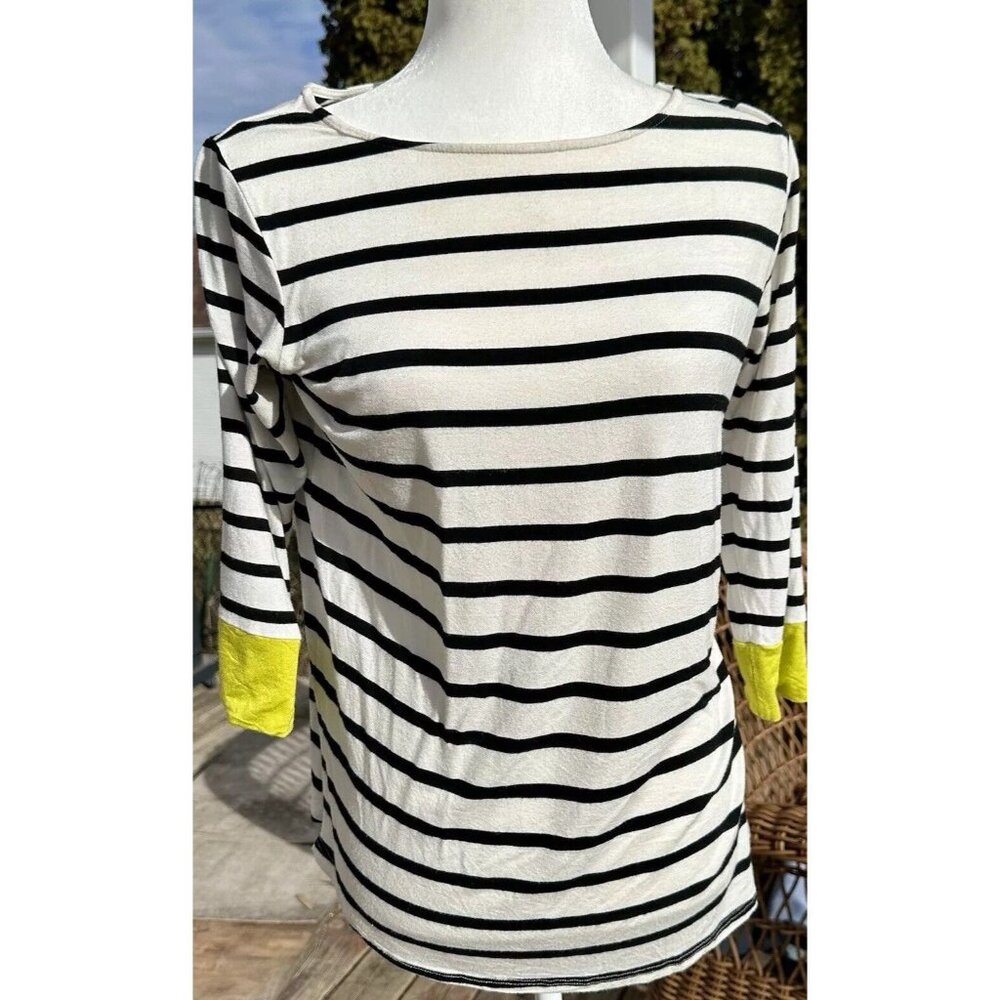 COLETTE Womens Shirt Top Large 3/4 Slv Blk White Striped Yellow Cuff USA‎ Made!